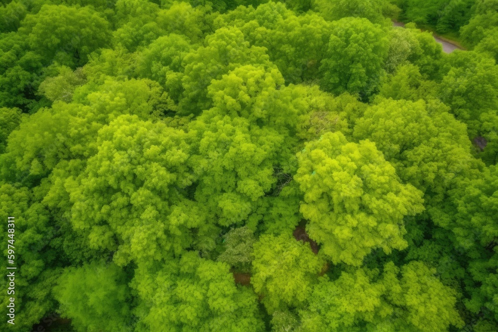 an aerial view of a dense and vibrant forest with trees stretching towards the sky. Generative AI