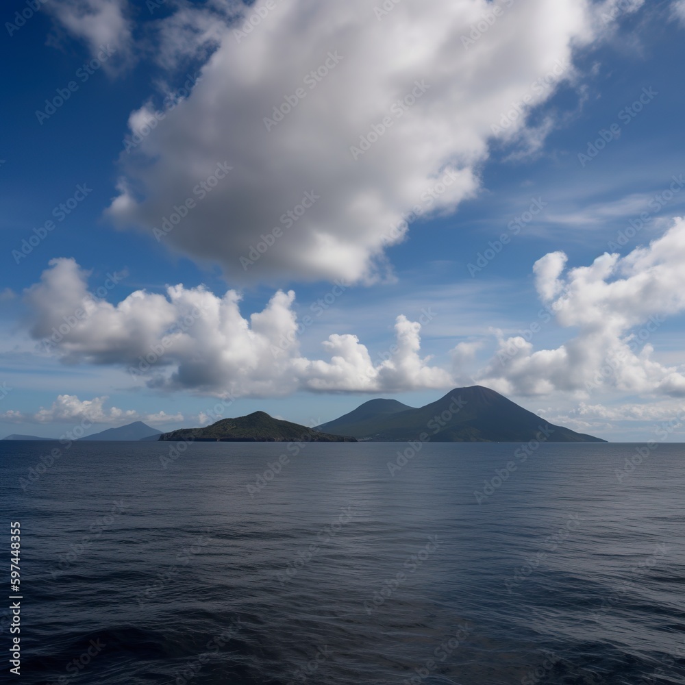 Clouds above a volcano in the middle of the sea.