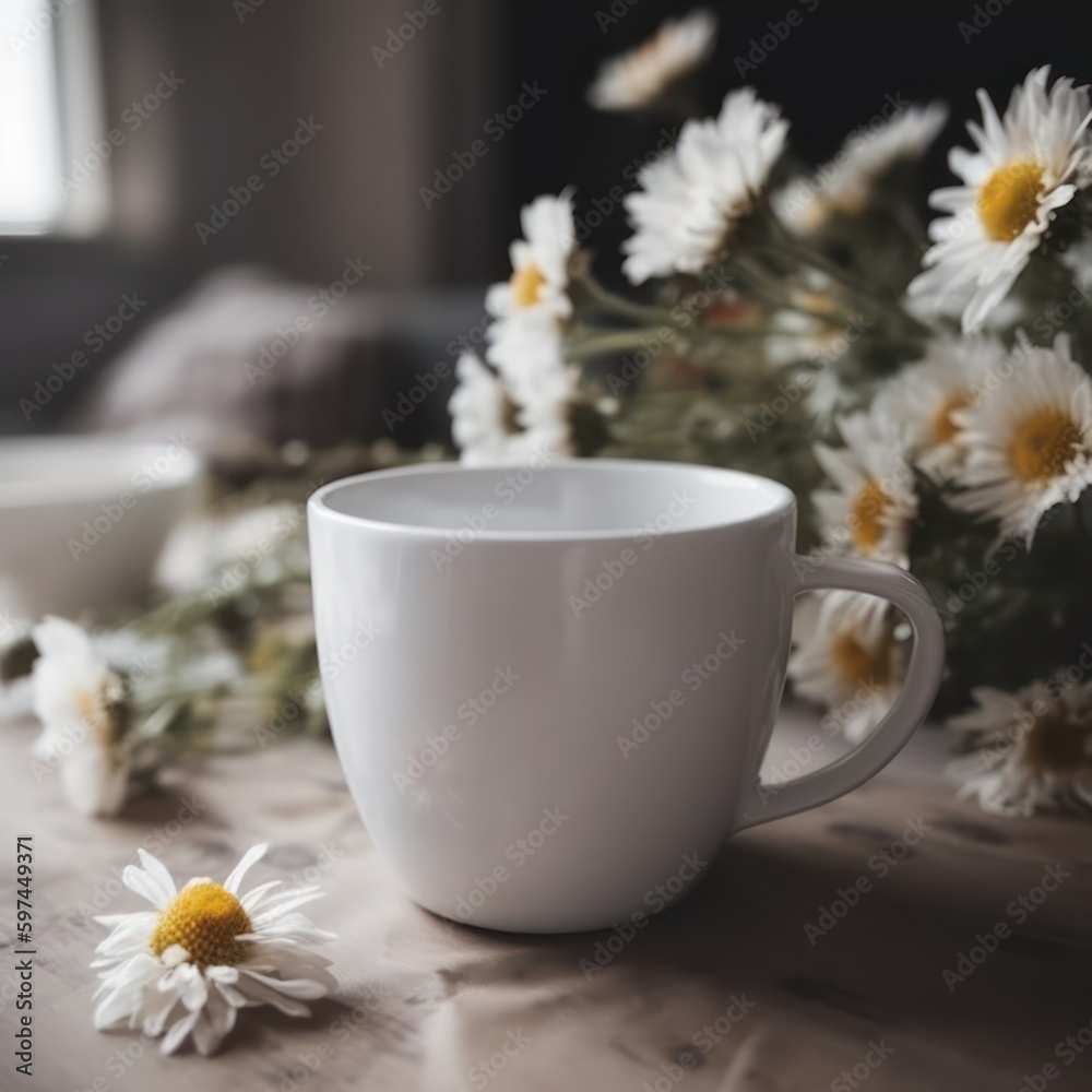 A mockup of a white coffee cup next to flowers, created with Generative AI