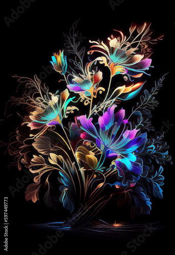 Bright bouquet glowing on a dark background  screensaver for your phone. AI Generated