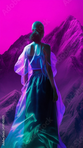 Back view of elegant beautiful woman in purple evening dress posing for magazine illustration, glamour. Galaxy nebula space mountain background. Ai generated vertical art