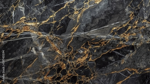 Polished dark grey granit or marble surface. AI generative stone texture background with golden inclusions