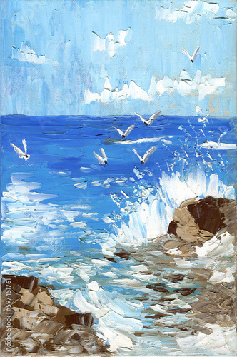 Sea and seagulls. Hand drawn oil illustration.