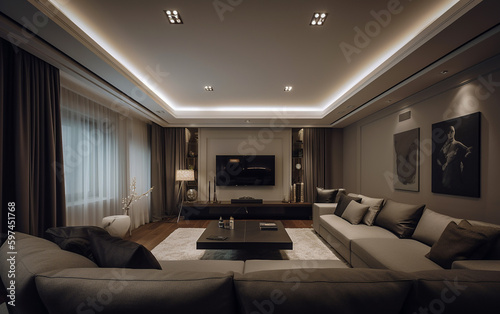 An AI-designed 150-inch large-screen TV is the centerpiece of a relaxing and spacious living room, perfect for a home theater. Generative AI