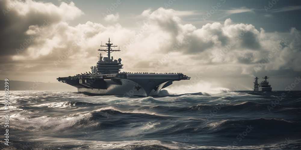panoramic view of a generic military aircraft carrier ship with fighter jets take off during a special operation at a warzone, wide poster design with copy space area. generative ai - obrazy, fototapety, plakaty 