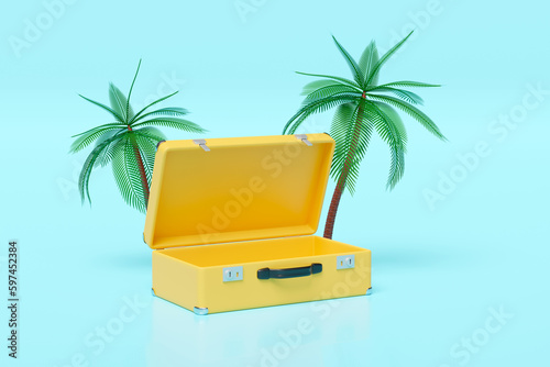 3d yellow open suitcase empty with palm tree isolated on blue background. summer travel concept, 3d render illustration, clipping path
