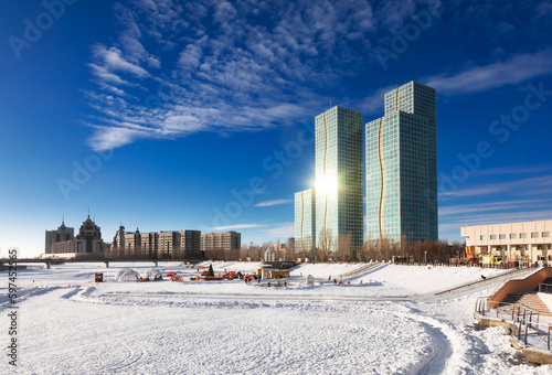 Winter fun park on frozen Ishim river in Astana Kazakhstan