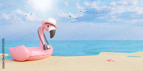 Flamingo float wearing a hat ready for summer vacation. Creative travel concept idea with copy space. 3d rendering illustration