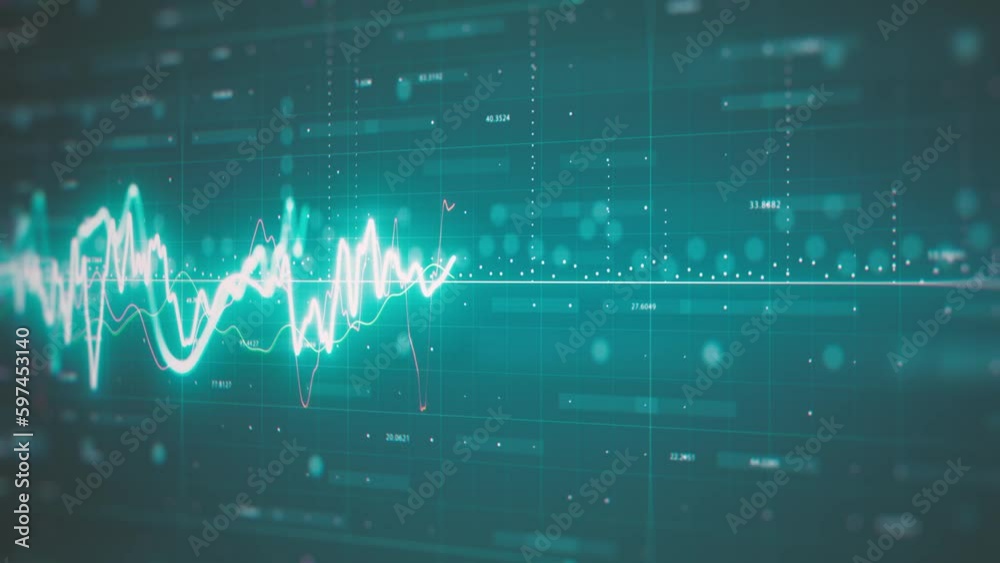 Business Trading Live Stats On Electronic Screen/ 4k animation of a business background with statistics lines progress on computer screen with noise and blur effect