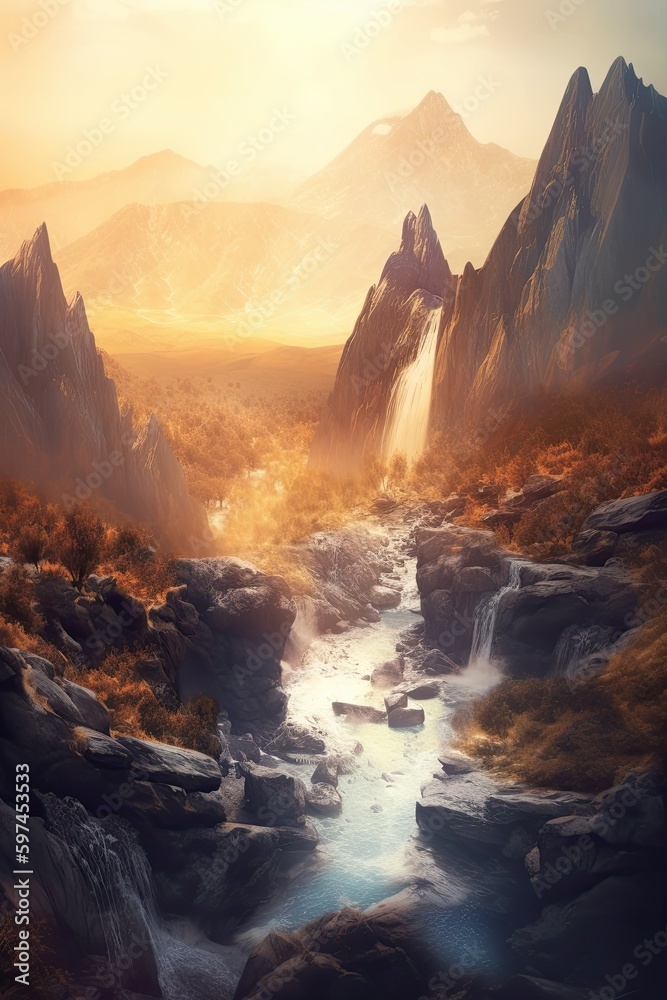 Beautiful vertical landscape with tall mountains, waterfall and a river. Generative AI