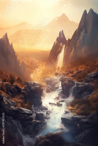 Beautiful vertical landscape with tall mountains, waterfall and a river. Generative AI