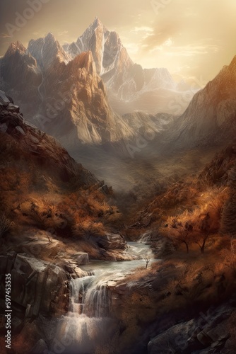 Beautiful vertical landscape with tall mountains, waterfall and a river. Generative AI