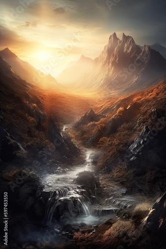 Beautiful vertical landscape with tall mountains  waterfall and a river. Generative AI