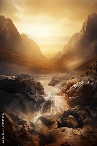 Beautiful vertical landscape with tall mountains  waterfall and a river. Generative AI