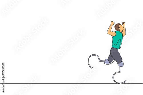 Single one line drawing man athlete marathon runner with prostheses instead of legs. Sports for disabled, Disability games. Run. Active life with physical injury. Continuous line graphic design vector