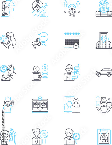 Position linear icons set. Leadership, Management, Innovation, Communication, Collaboration, Adaptability, Decision-making line vector and concept signs. Organization,Strategy,Creativity Generative AI