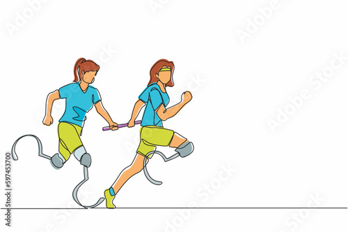 Single continuous line drawing two disable runners with prosthesis leg, disability women, amputee athletes, amputees running in relay race handing over the baton. One line draw graphic design vector