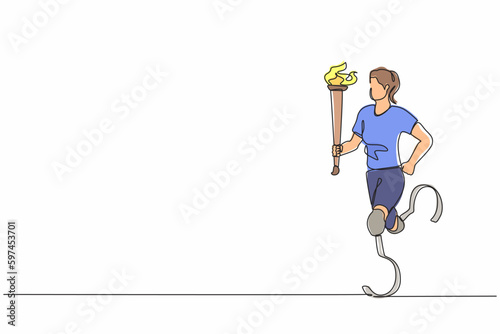 Continuous one line drawing faceless disabled female or sportswoman holding flaming torch in running pose. Disabled sport, success, disability games, championship. Single line graphic design vector