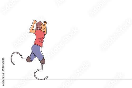 Single continuous line drawing woman athlete marathon runner with prostheses instead of legs. Sports for disabled, Disability games. Run. Active life with physical injury. One line draw design vector