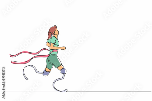 Single continuous line drawing young female athlete wins competition. Disabled sportswoman with amputee crossing finish line. Sport, summer disability games, recovery. One line graphic design vector
