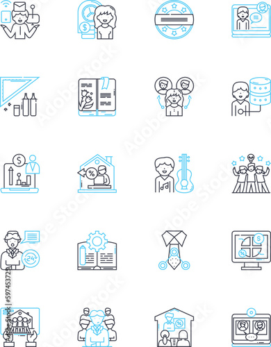 Office space linear icons set. Desk, Chair, Meeting, Collaboration, Coffee, Ph, Printer line vector and concept signs. File,Bookshelf,Statiry outline illustrations Generative AI