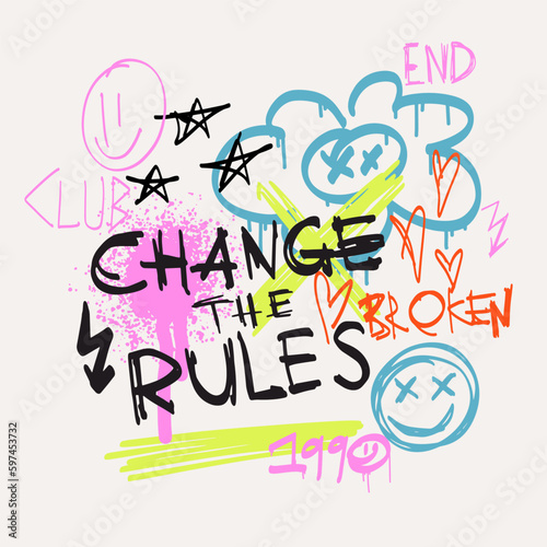 Urban typography slogan Change the Rules with spray effect. Street art graffiti print for t shirt or sweatshirt. Abstract graphic underground unisex design in bright neon colors