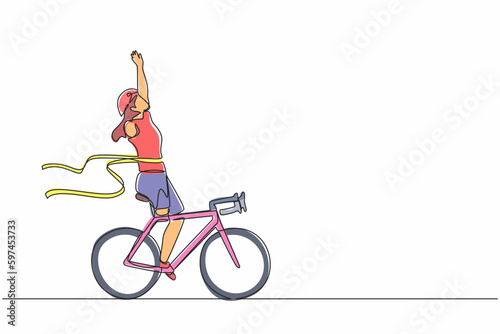 Single one line drawing disability games female disabled athlete or sportswoman riding bicycle and crossing finish line. Ribbon breaker winner. Winning champion concept. Continuous line design vector