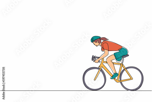 Continuous one line drawing female athlete cyclist with physical disabilities in action at championship. Concept for sport, summer disability games, recovery. Single line draw design vector graphic