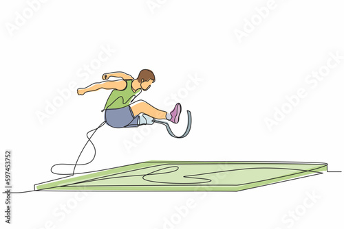 Single one line drawing male athlete amputee on prosthetic leg long jump competition at athletics. Long jump disability games. Disabled sport. Continuous line draw design graphic vector illustration
