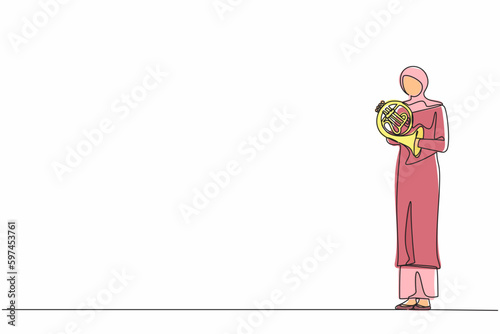 Single continuous line drawing Arab female musician in hijab performing classic melody on French horn. Instrumentalist playing music instrument. Woman with trumpet. One line draw graphic design vector
