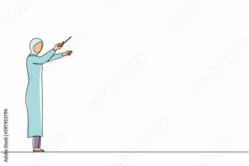 Single one line drawing Arabian woman music conductor. Female musician perform on stage directing symphony orchestra. Classical music performance, instrumental ensemble. Continuous line design vector