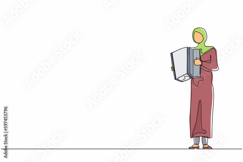 Single one line drawing Arab woman musician playing accordion. Female performer plays acoustic musical instrument. Accordionist perform playing music instrument. Continuous line design graphic vector