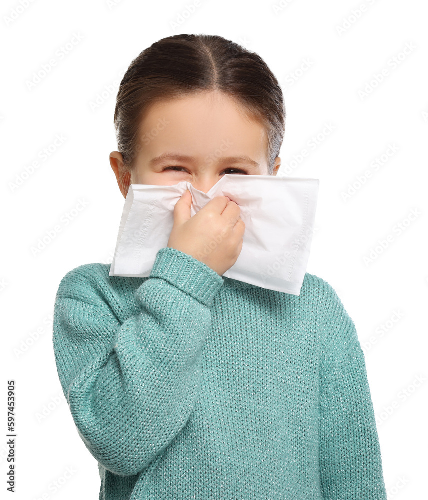 Girl blowing nose in tissue on white background, space for text. Cold symptoms Girl blowing nose in tissue on white background, space for text. Cold symptoms