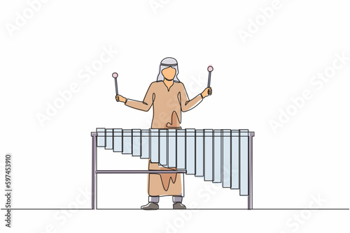 Single continuous line drawing Arab man percussion player play marimba. Male musician playing traditional Mexican marimba instrument at music festival. One line draw graphic design vector illustration