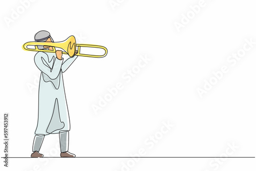 Continuous one line drawing Arabian trombone player. Male performer play wind instrument. Music artist boy. Jazz man. Musician play trumpet. Classic music event. Single line draw graphic design vector