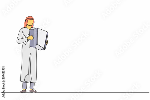 Single continuous line drawing Arab man musician playing accordion. Male performer plays acoustic musical instrument. Accordionist perform playing music instrument. One line draw graphic design vector