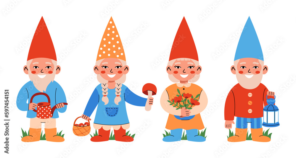 Set of garden gnomes or dwarfs holding watering can, mushrooms, flowers, lantern. Fairy tale fantastic characters on white background.