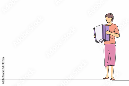 Single one line drawing woman musician playing accordion. Female performer plays acoustic musical instrument. Accordionist perform playing music instrument. Continuous line draw design graphic vector