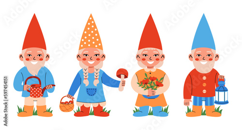 Set of garden gnomes or dwarfs holding watering can  mushrooms  flowers  lantern. Fairy tale fantastic characters on white background.