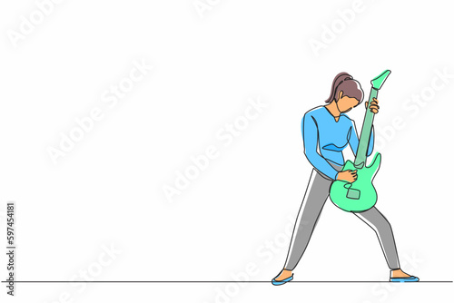 Single one line drawing female musician playing electric guitar. Woman practicing in playing guitar. Guitarist perform playing music instrument on stage. Continuous line draw design graphic vector