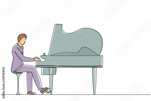 Continuous one line drawing man plays piano. Male performer sits at musical instrument and plays jazz or blues. Professional musician. Person performs on stage. Single line draw design vector graphic