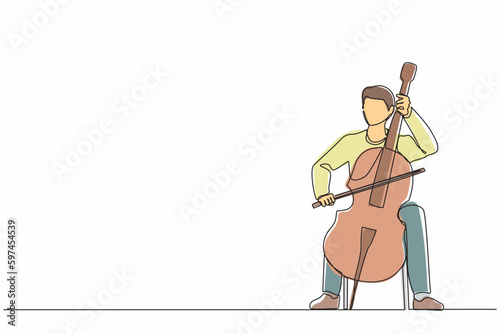 Single one line drawing young male performer playing on contrabass. Cellist man playing cello, musician playing classical music instrument. Continuous line draw design graphic vector illustration