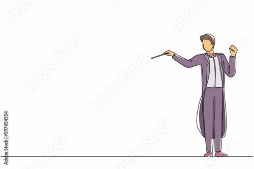 Single continuous line drawing man music orchestra conductor. Male musician in tuxedo suit with arm gestures. Expressive conductor directs orchestra during performance. One line graphic design vector