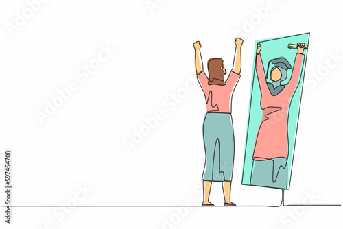Single continuous line drawing Arabian businesswoman standing in front of mirror looking her reflection, imagine herself graduation student with diploma. Successful future. One line draw design vector
