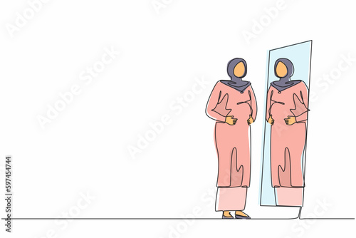 Single one line drawing Arabian businesswoman standing in front of mirror and see herself getting big belly with holding her stomach. Oversized and obesity. Continuous line draw design graphic vector