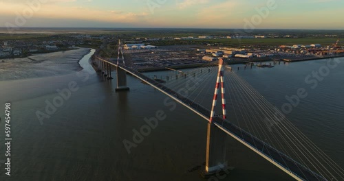 Aerial view of the Saint Nazaire Bridge a cable stayed bridge spanning the Loire river and linking Saint Nazaire and Saint Brevin les Pins, in the department of Loire Atlantique, Brittany, France photo