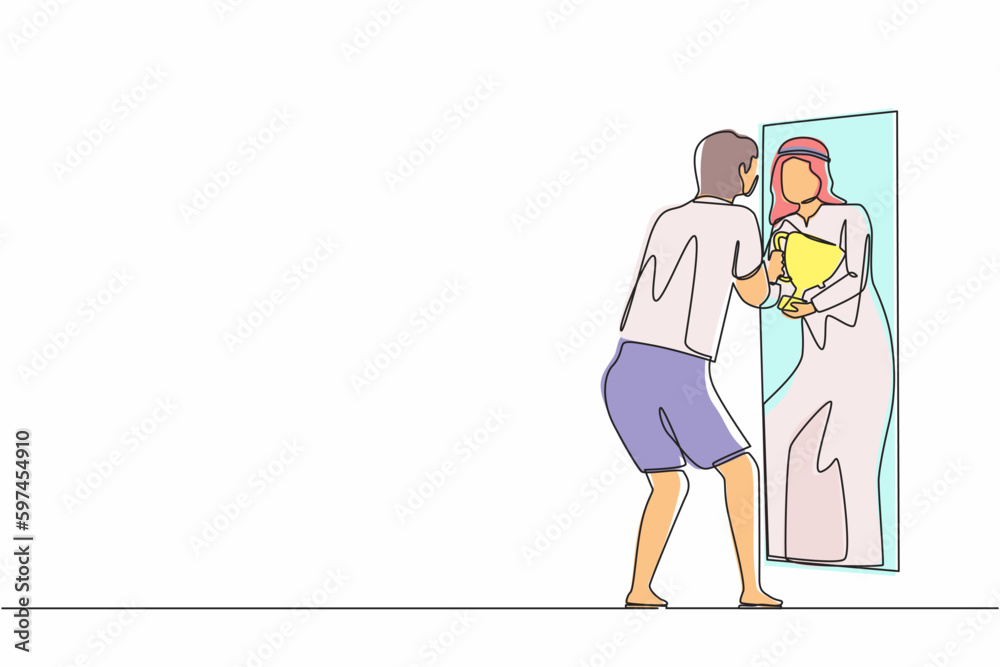 Single one line drawing Arab businessman looking himself. Male in front of mirror, optimism, positive, self confidence. Reflection reward with trophy cup, winner. Continuous line design graphic vector Single one line drawing Arab businessman looking himself. Male in front of mirror, optimism, positive, self confidence. Reflection reward with trophy cup, winner. Continuous line design graphic vector