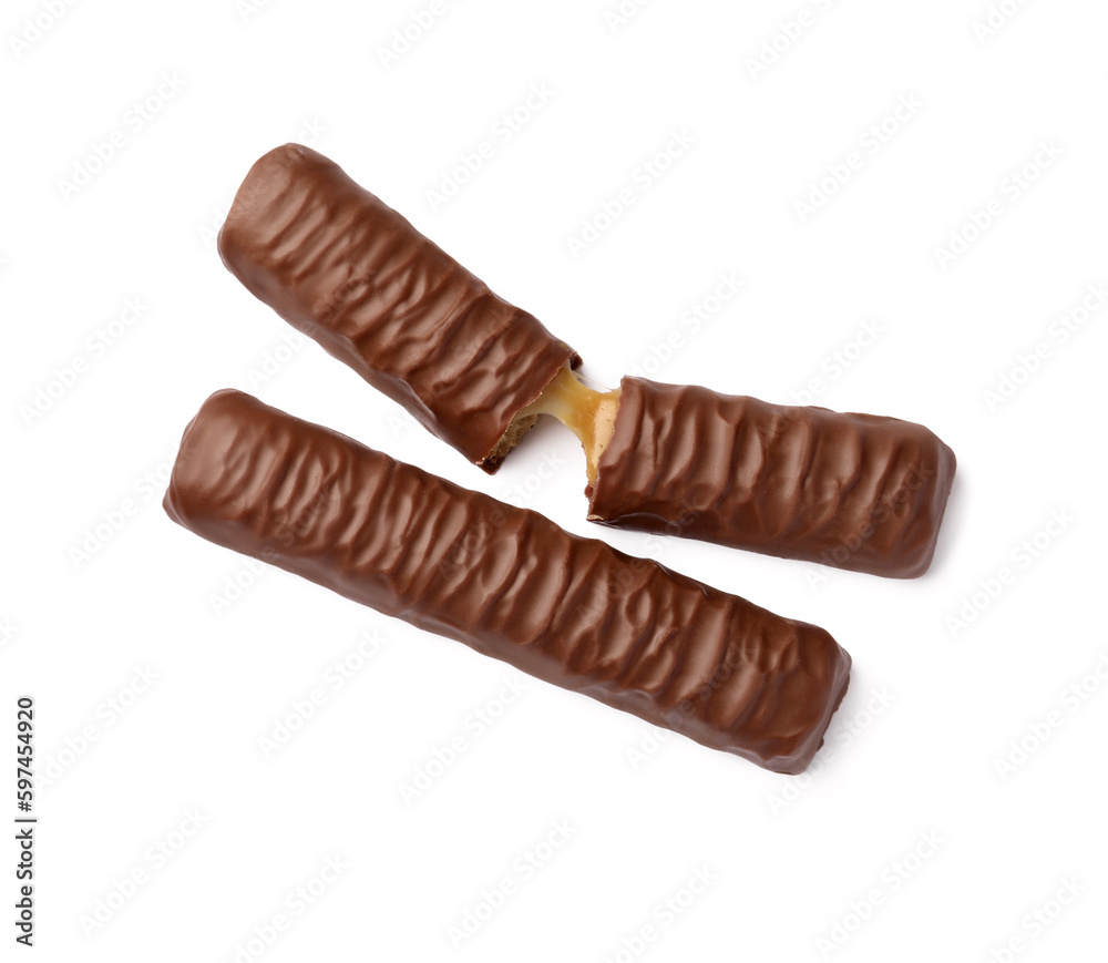 Sweet tasty chocolate bars with caramel on white background, top view Sweet tasty chocolate bars with caramel on white background, top view