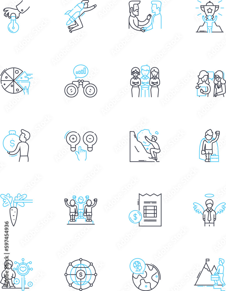 Leadership charisma linear icons set. Charismatic, Inspiring, Challenging, Empathetic, Confident, Visionary, Influential line vector and concept signs. Persuasive,Dynamic,Charming Generative AI
