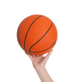 Boy with basketball ball on white background, closeup